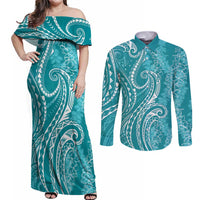 Polynesia Plumeria Lei Couples Matching Off Shoulder Maxi Dress and Long Sleeve Button Shirt Teal Curves Motif