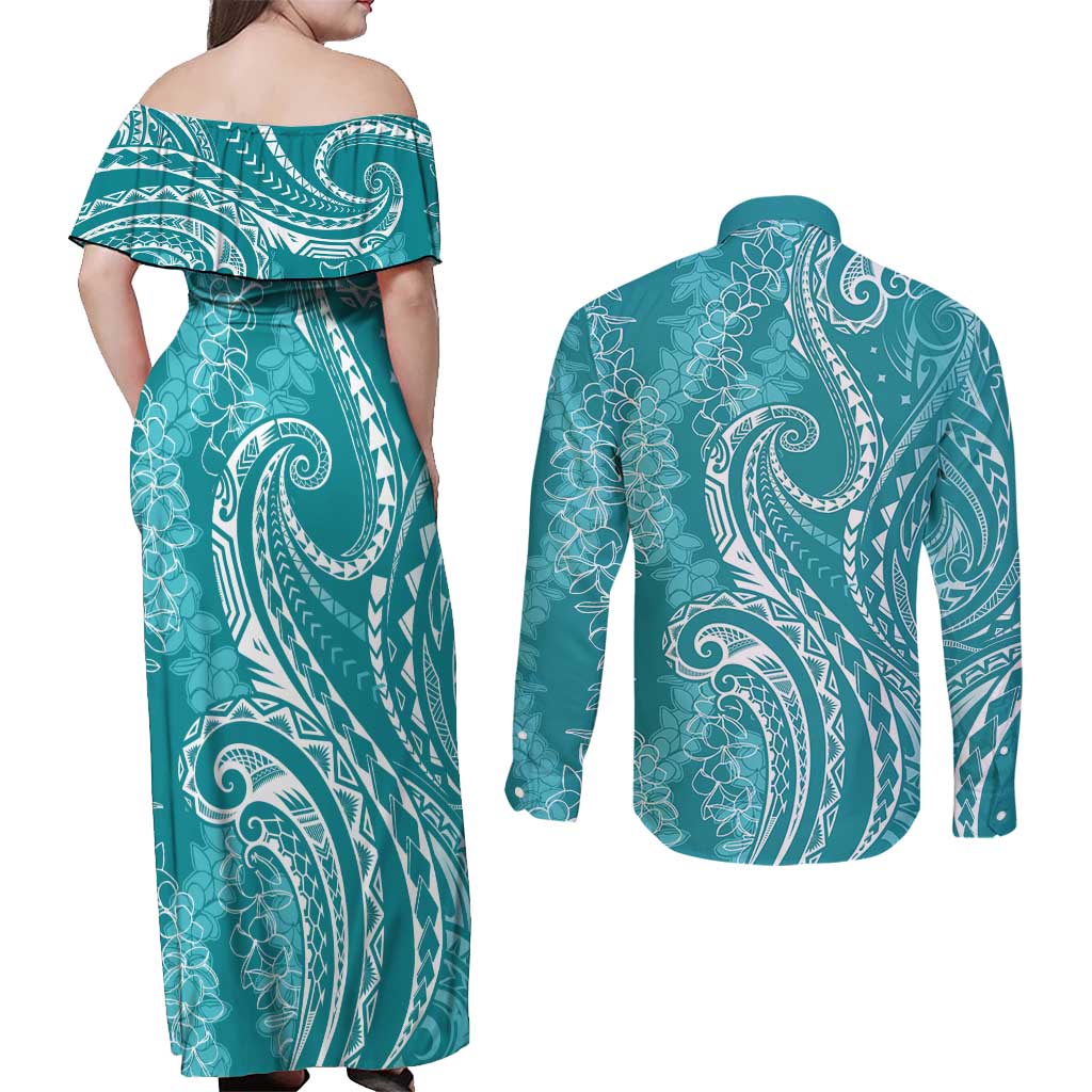 Polynesia Plumeria Lei Couples Matching Off Shoulder Maxi Dress and Long Sleeve Button Shirt Teal Curves Motif