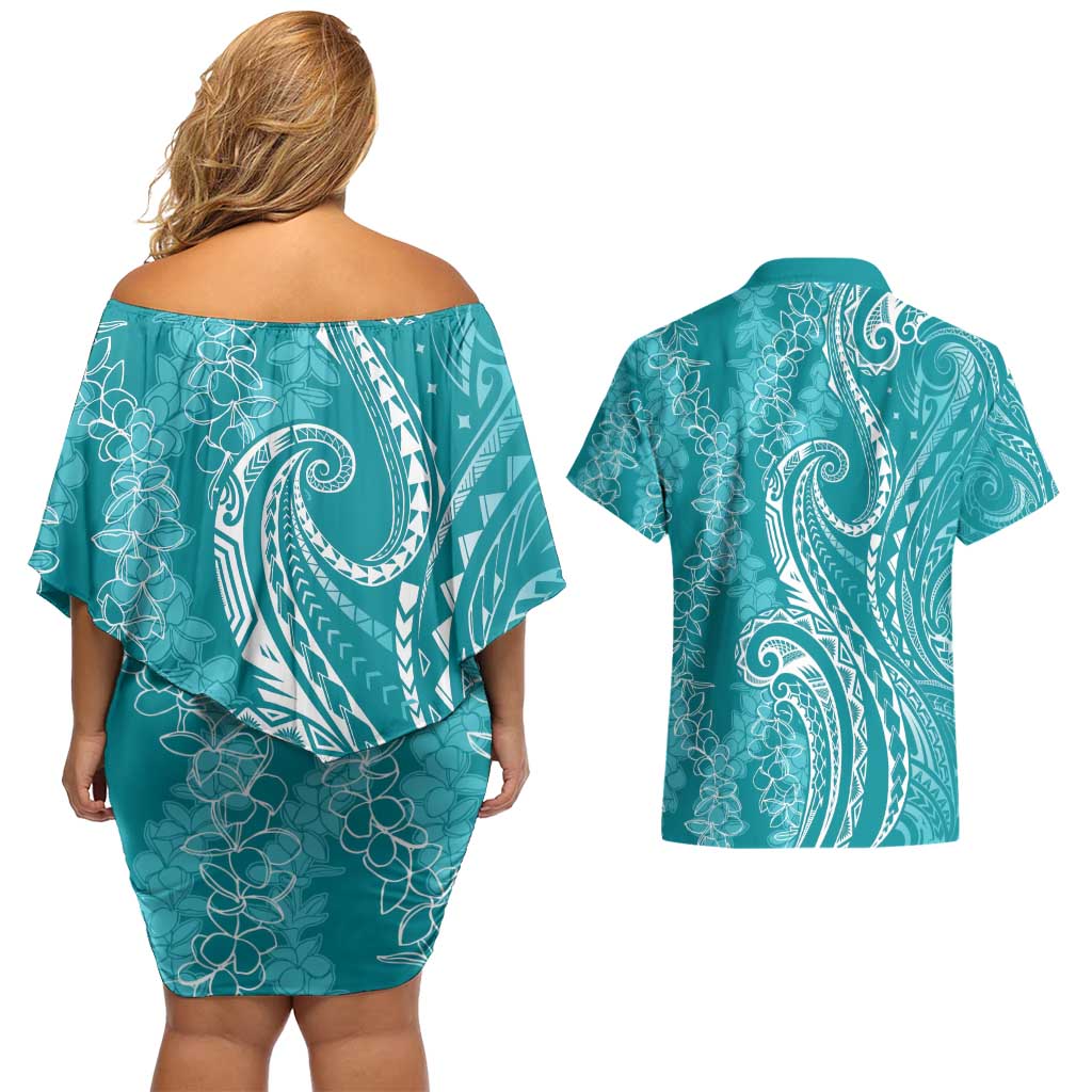 Polynesia Plumeria Lei Couples Matching Off Shoulder Short Dress and Hawaiian Shirt Teal Curves Motif