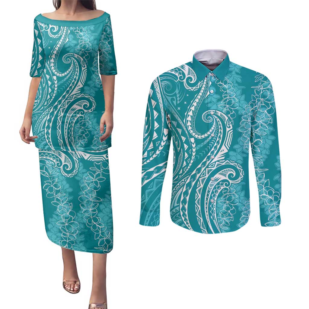 Polynesia Plumeria Lei Couples Matching Puletasi and Long Sleeve Button Shirt Teal Curves Motif