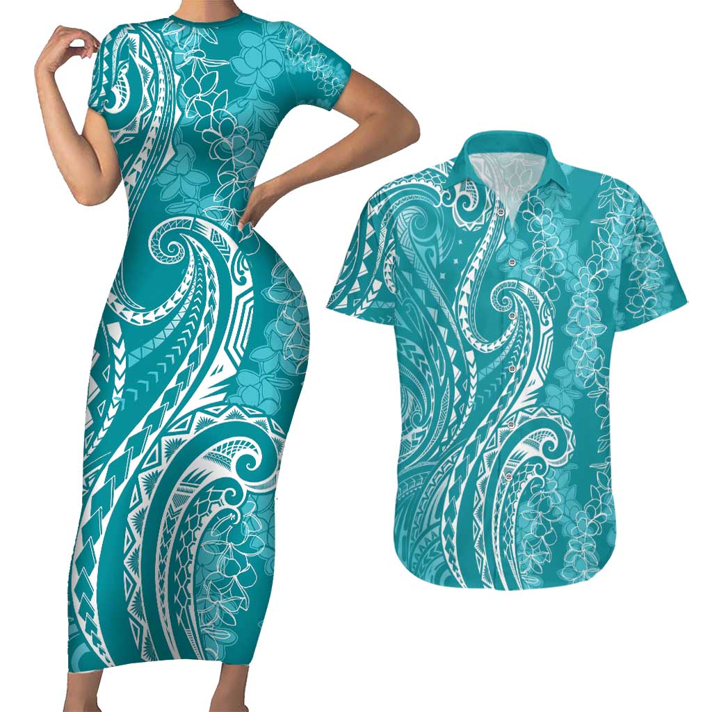 Polynesia Plumeria Lei Couples Matching Short Sleeve Bodycon Dress and Hawaiian Shirt Teal Curves Motif