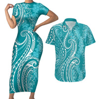Polynesia Plumeria Lei Couples Matching Short Sleeve Bodycon Dress and Hawaiian Shirt Teal Curves Motif