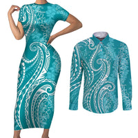 Polynesia Plumeria Lei Couples Matching Short Sleeve Bodycon Dress and Long Sleeve Button Shirt Teal Curves Motif