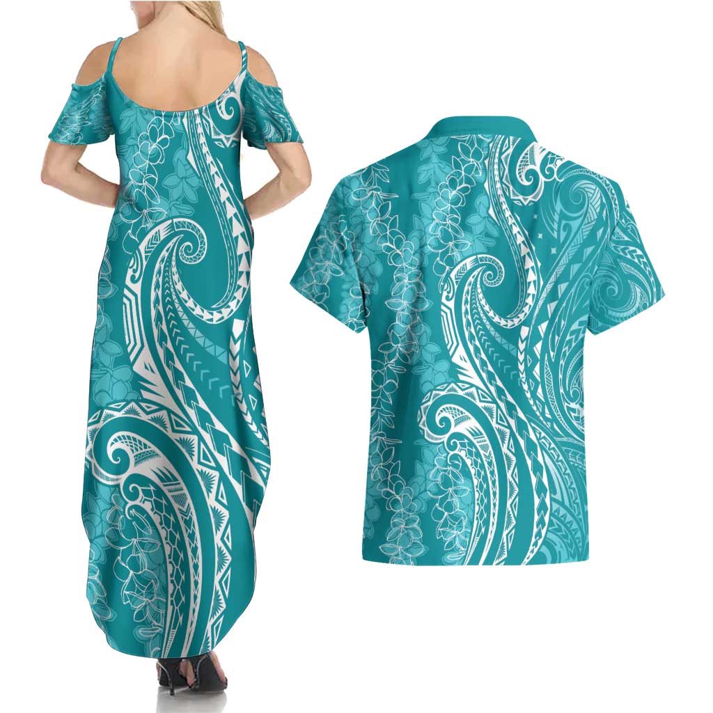 Polynesia Plumeria Lei Couples Matching Summer Maxi Dress and Hawaiian Shirt Teal Curves Motif