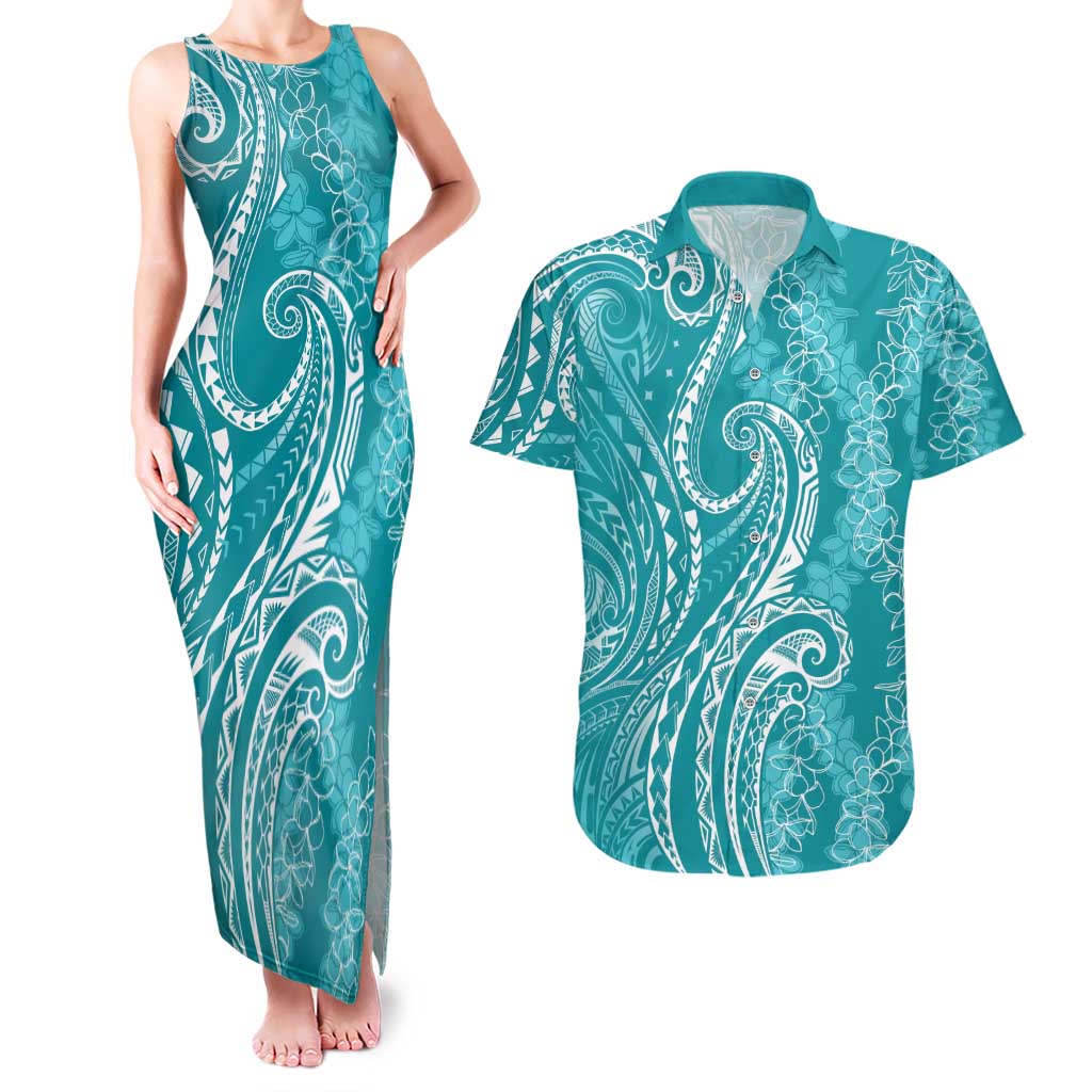 Polynesia Plumeria Lei Couples Matching Tank Maxi Dress and Hawaiian Shirt Teal Curves Motif