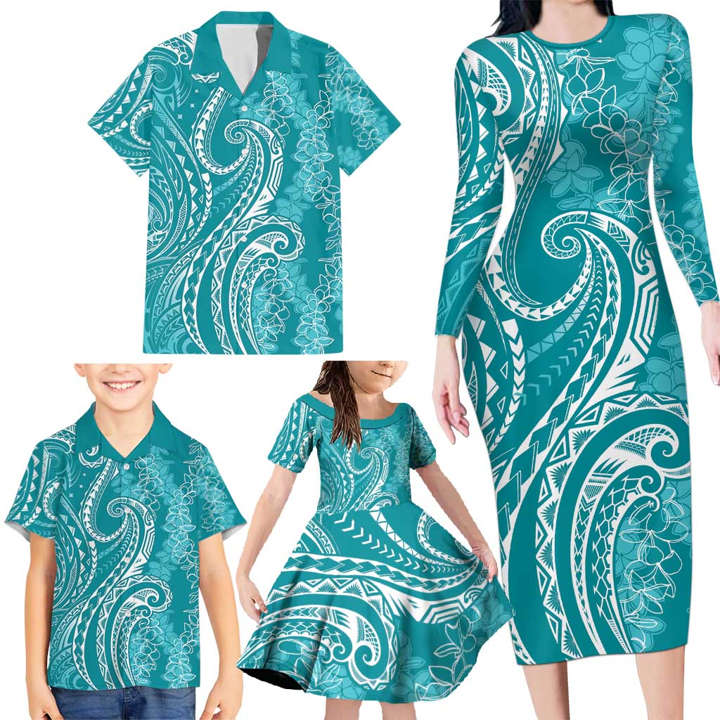 Polynesia Plumeria Lei Family Matching Long Sleeve Bodycon Dress and Hawaiian Shirt Teal Curves Motif LT7 - Polynesian Pride