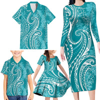 Polynesia Plumeria Lei Family Matching Long Sleeve Bodycon Dress and Hawaiian Shirt Teal Curves Motif LT7 - Polynesian Pride