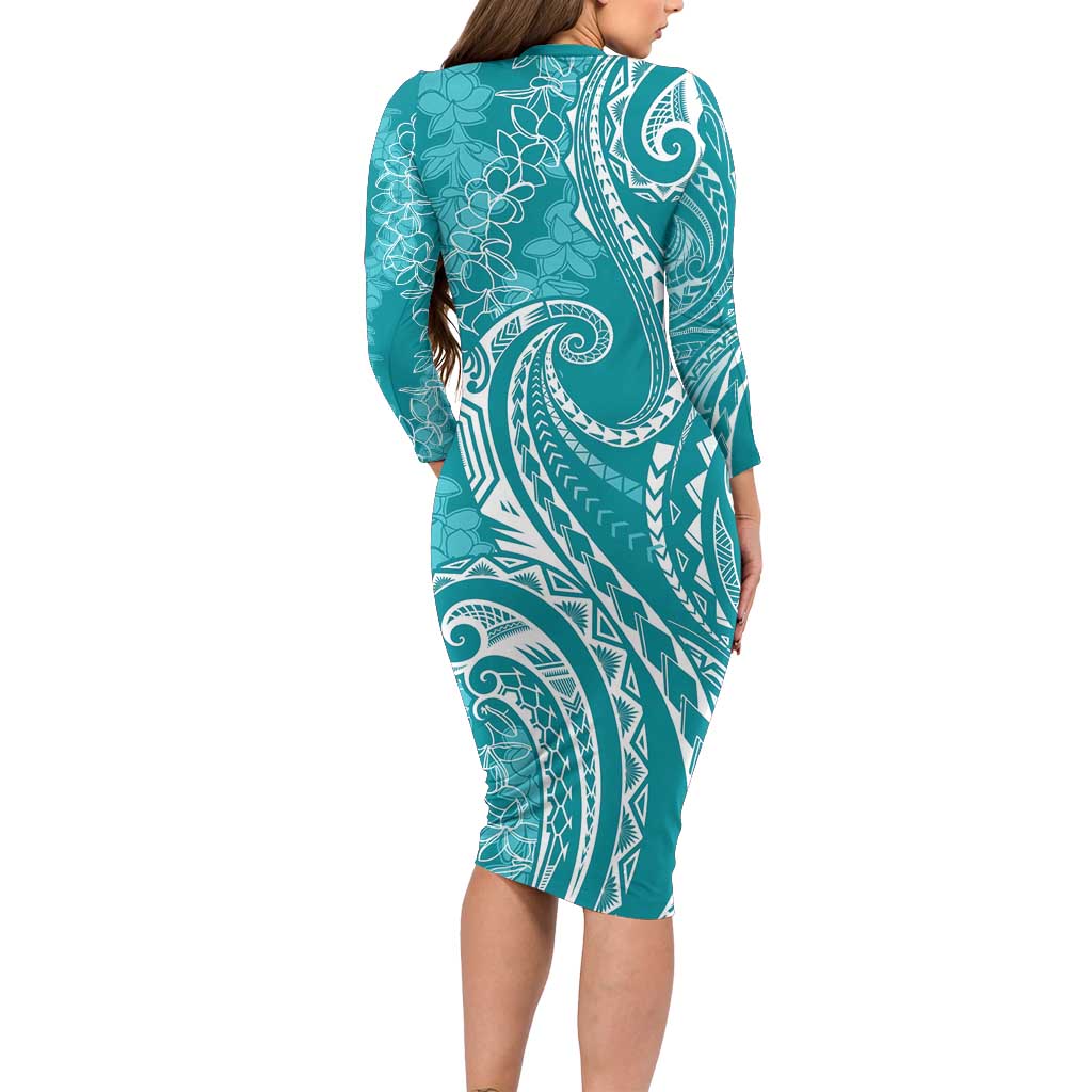 Polynesia Plumeria Lei Family Matching Long Sleeve Bodycon Dress and Hawaiian Shirt Teal Curves Motif LT7 - Polynesian Pride