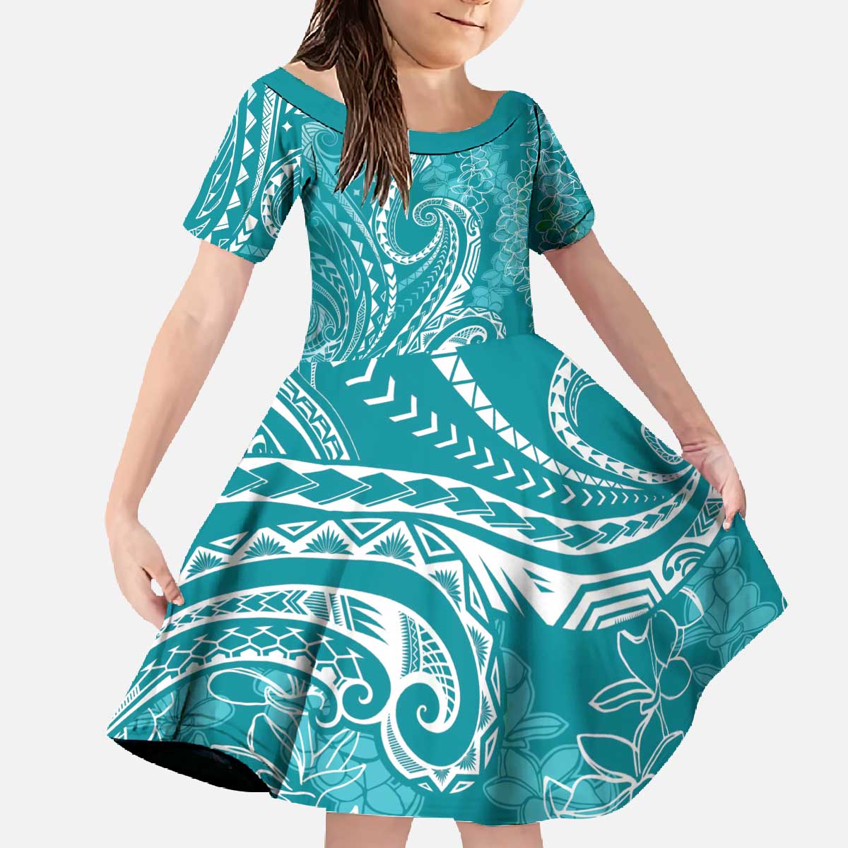 Polynesia Plumeria Lei Family Matching Off The Shoulder Long Sleeve Dress and Hawaiian Shirt Teal Curves Motif