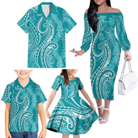 Polynesia Plumeria Lei Family Matching Off The Shoulder Long Sleeve Dress and Hawaiian Shirt Teal Curves Motif