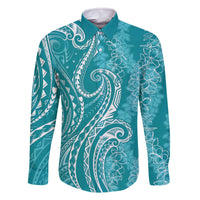 Polynesia Plumeria Lei Family Matching Off The Shoulder Long Sleeve Dress and Hawaiian Shirt Teal Curves Motif