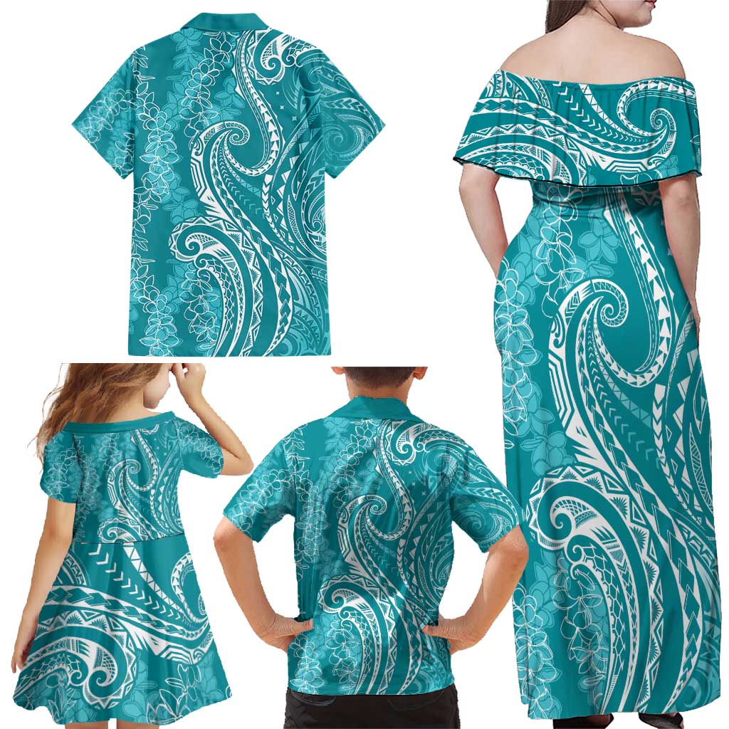 Polynesia Plumeria Lei Family Matching Off Shoulder Maxi Dress and Hawaiian Shirt Teal Curves Motif LT7 - Polynesian Pride