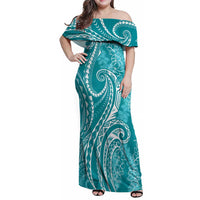 Polynesia Plumeria Lei Family Matching Off Shoulder Maxi Dress and Hawaiian Shirt Teal Curves Motif LT7 Mom's Dress Teal - Polynesian Pride