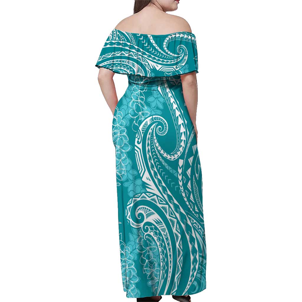 Polynesia Plumeria Lei Family Matching Off Shoulder Maxi Dress and Hawaiian Shirt Teal Curves Motif LT7 - Polynesian Pride
