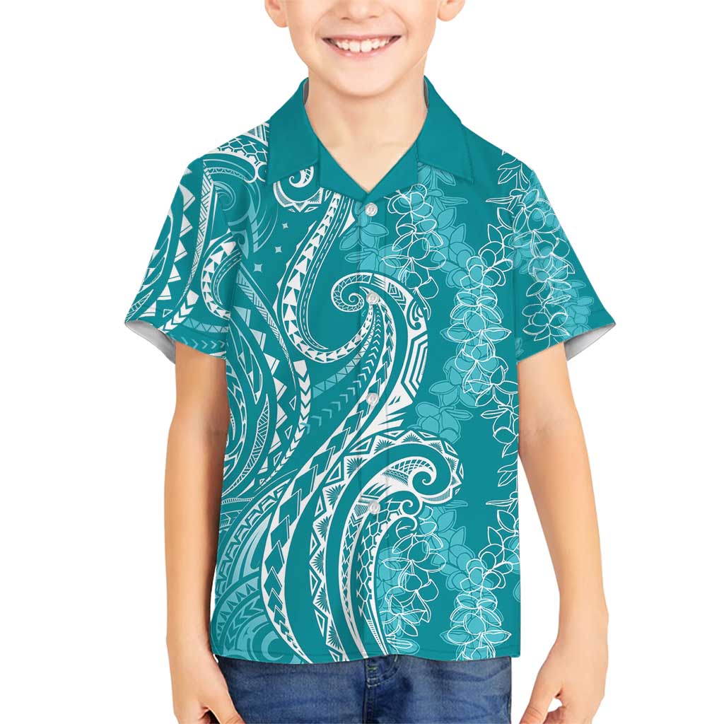 Polynesia Plumeria Lei Family Matching Off Shoulder Maxi Dress and Hawaiian Shirt Teal Curves Motif LT7 Son's Shirt Teal - Polynesian Pride