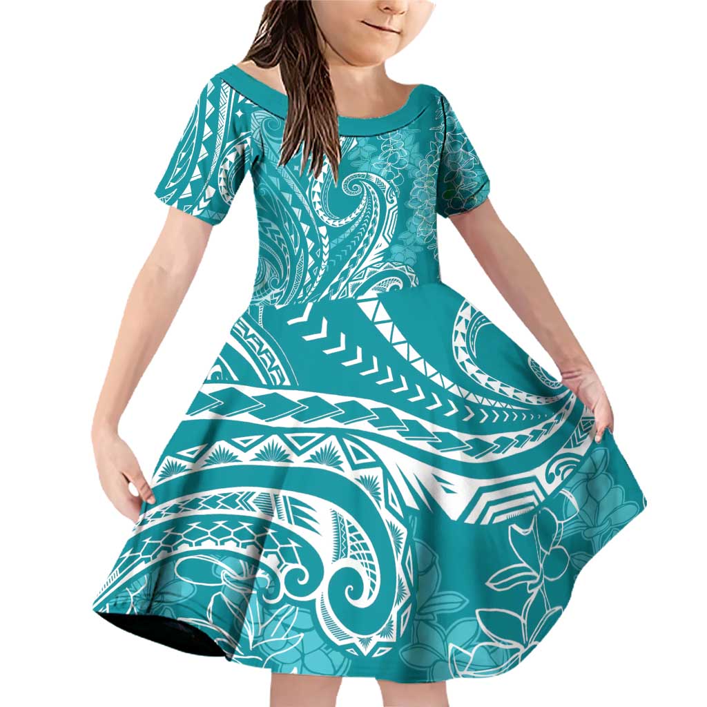 Polynesia Plumeria Lei Family Matching Off Shoulder Short Dress and Hawaiian Shirt Teal Curves Motif LT7 Daughter's Dress Teal - Polynesian Pride