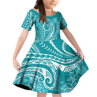 Polynesia Plumeria Lei Family Matching Off Shoulder Short Dress and Hawaiian Shirt Teal Curves Motif LT7 Daughter's Dress Teal - Polynesian Pride