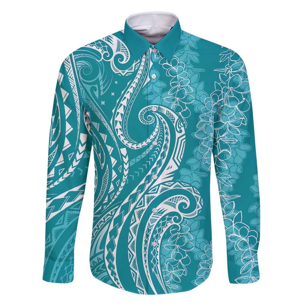 Polynesia Plumeria Lei Family Matching Off Shoulder Short Dress and Hawaiian Shirt Teal Curves Motif LT7 Dad's Shirt - Long Sleeve Teal - Polynesian Pride