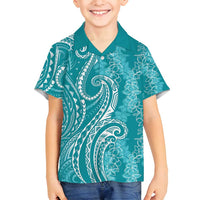 Polynesia Plumeria Lei Family Matching Off Shoulder Short Dress and Hawaiian Shirt Teal Curves Motif LT7 Son's Shirt Teal - Polynesian Pride
