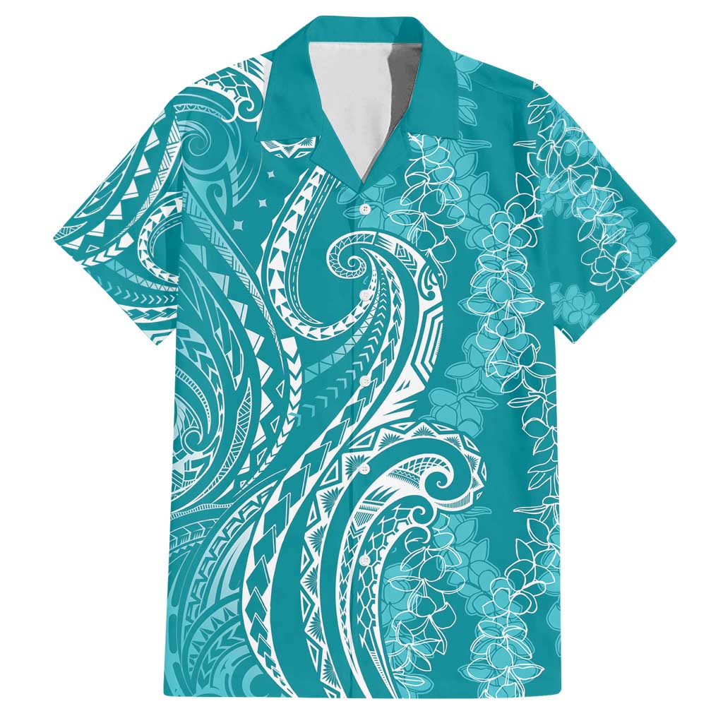 Polynesia Plumeria Lei Family Matching Puletasi and Hawaiian Shirt Teal Curves Motif