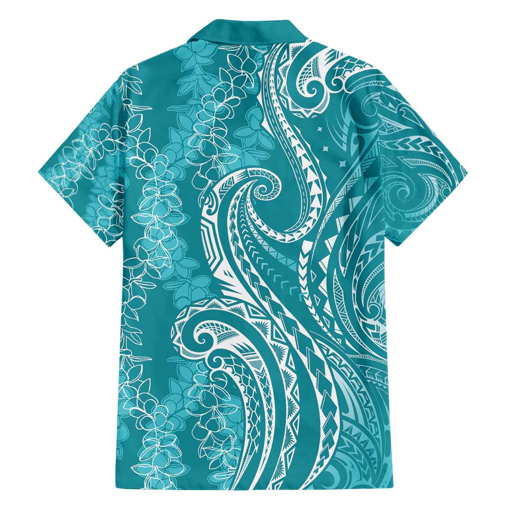 Polynesia Plumeria Lei Family Matching Puletasi and Hawaiian Shirt Teal Curves Motif