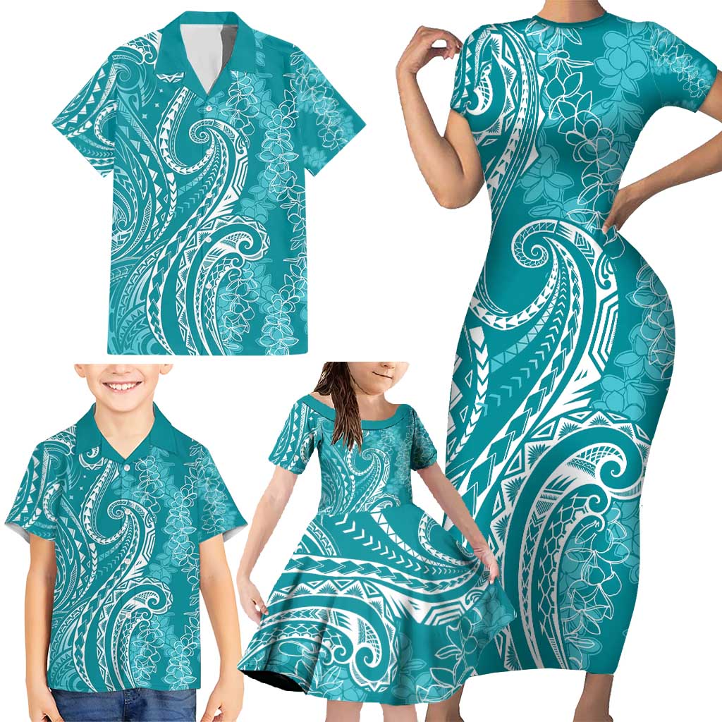 Polynesia Plumeria Lei Family Matching Short Sleeve Bodycon Dress and Hawaiian Shirt Teal Curves Motif LT7 - Polynesian Pride