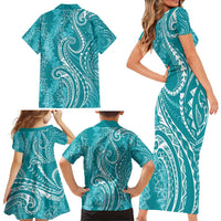 Polynesia Plumeria Lei Family Matching Short Sleeve Bodycon Dress and Hawaiian Shirt Teal Curves Motif LT7 - Polynesian Pride