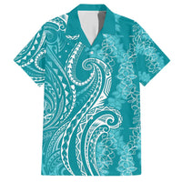 Polynesia Plumeria Lei Family Matching Short Sleeve Bodycon Dress and Hawaiian Shirt Teal Curves Motif LT7 Dad's Shirt - Short Sleeve Teal - Polynesian Pride