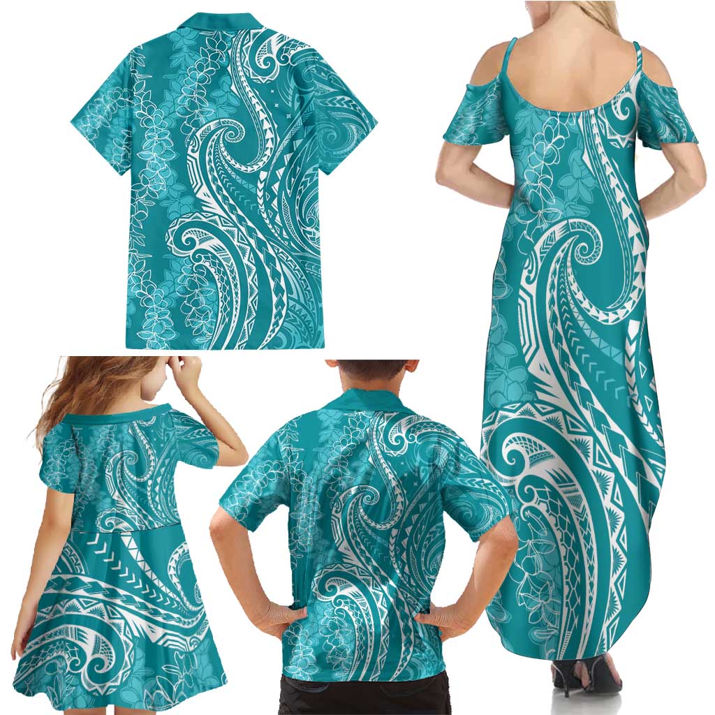 Polynesia Plumeria Lei Family Matching Summer Maxi Dress and Hawaiian Shirt Teal Curves Motif LT7 - Polynesian Pride