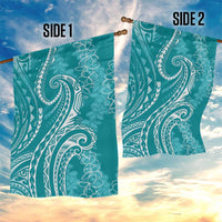 Polynesia Plumeria Lei Garden Flag Teal Curves Motif