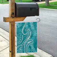 Polynesia Plumeria Lei Garden Flag Teal Curves Motif