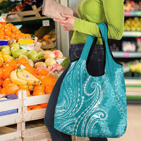 Polynesia Plumeria Lei Grocery Bag Teal Curves Motif