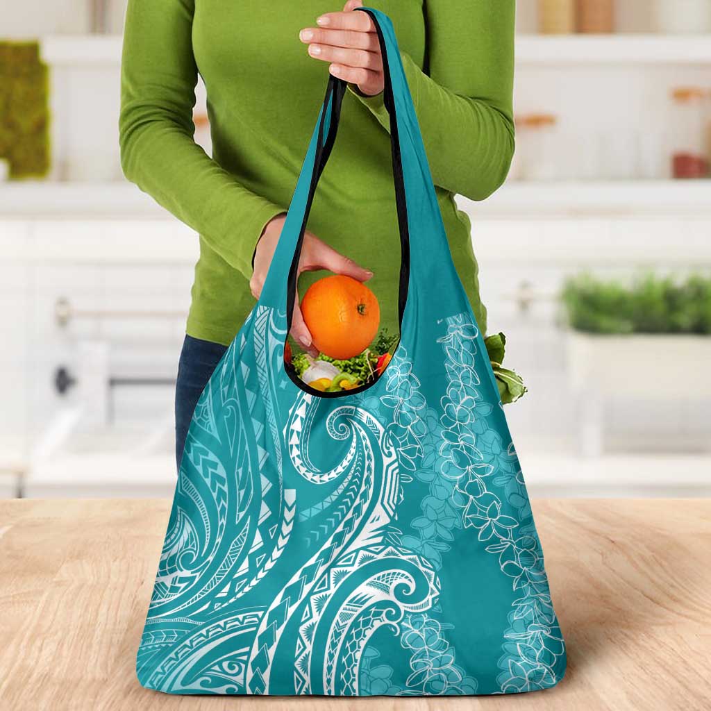 Polynesia Plumeria Lei Grocery Bag Teal Curves Motif