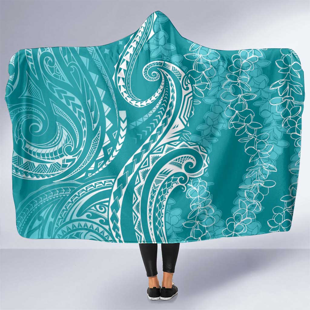 Polynesia Plumeria Lei Hooded Blanket Teal Curves Motif