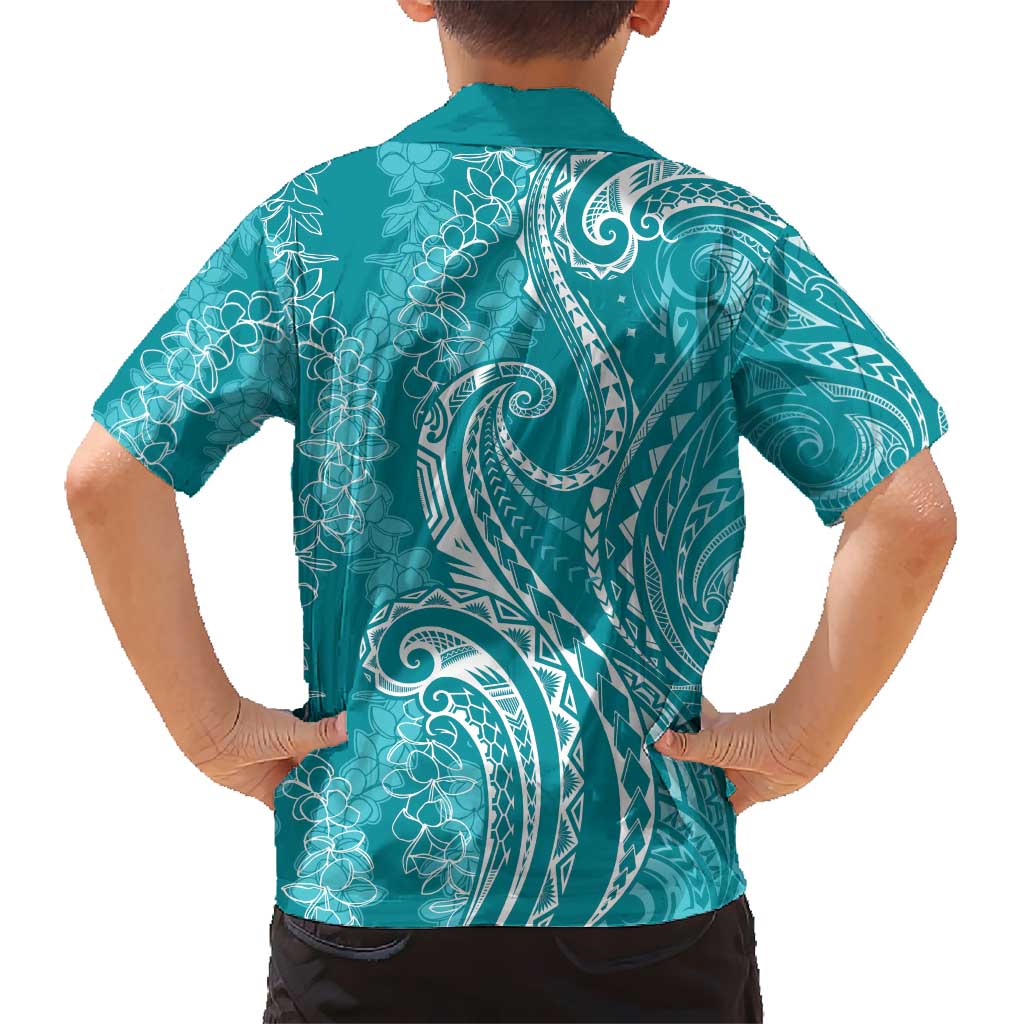 Polynesia Plumeria Lei Kid Hawaiian Shirt Teal Curves Motif