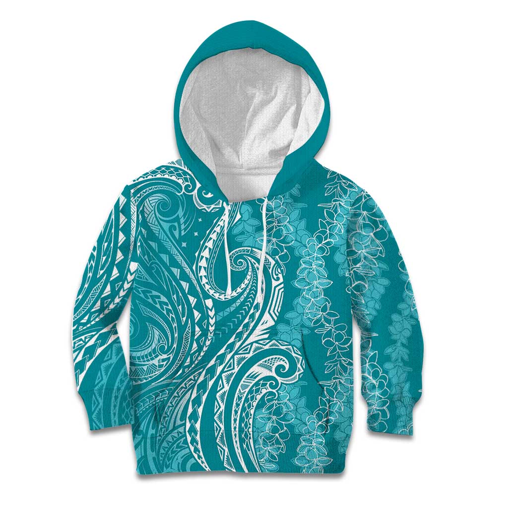 Polynesia Plumeria Lei Kid Hoodie Teal Curves Motif