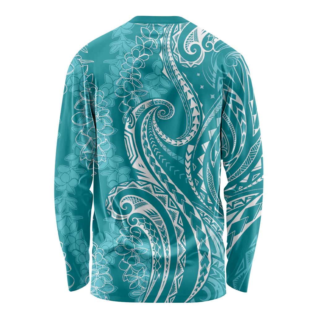 Polynesia Plumeria Lei Long Sleeve Shirt Teal Curves Motif