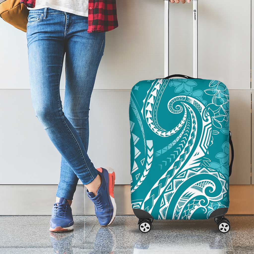 Polynesia Plumeria Lei Luggage Cover Teal Curves Motif