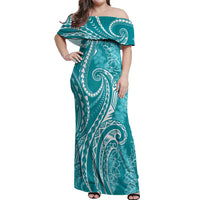 Polynesia Plumeria Lei Off Shoulder Maxi Dress Teal Curves Motif