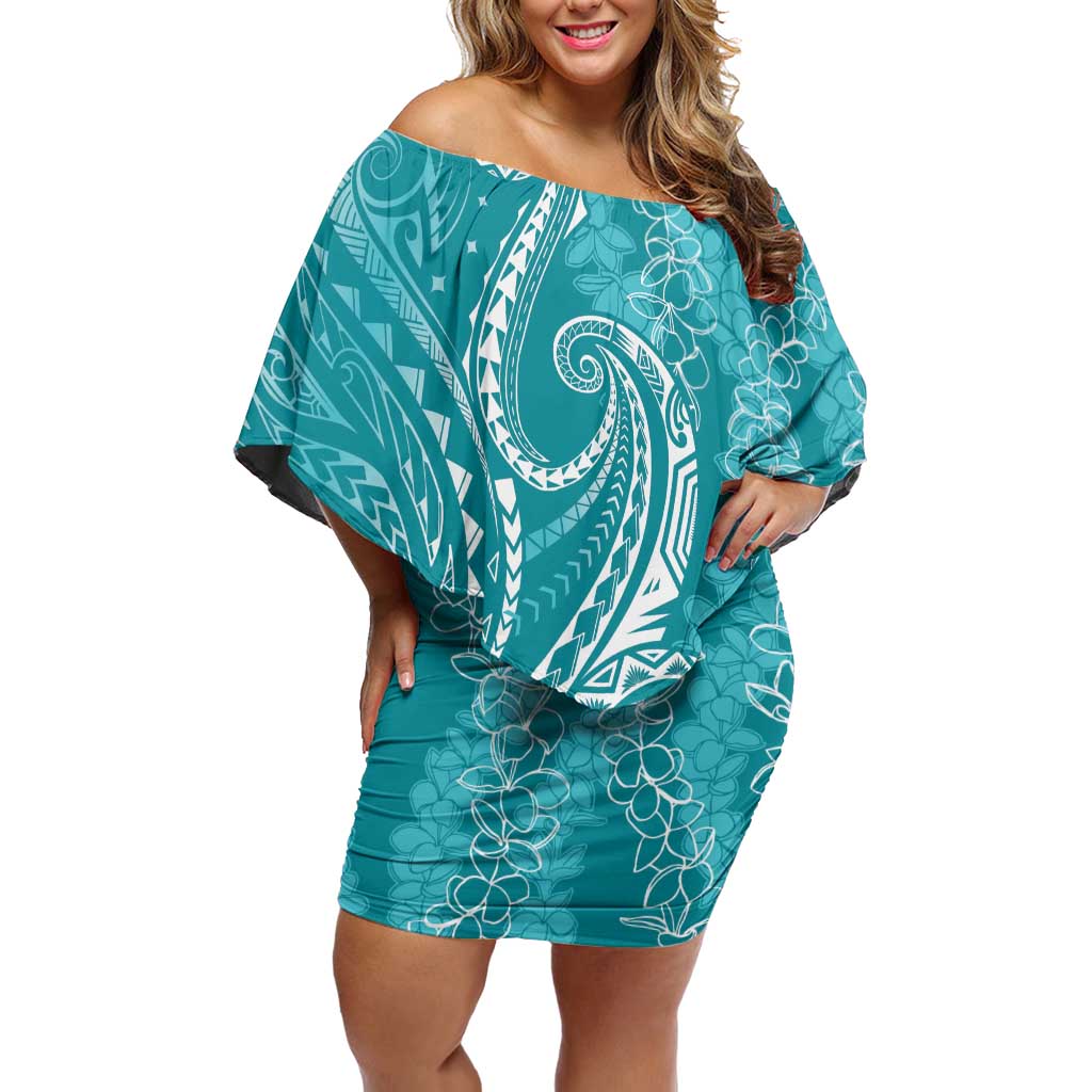 Polynesia Plumeria Lei Off Shoulder Short Dress Teal Curves Motif