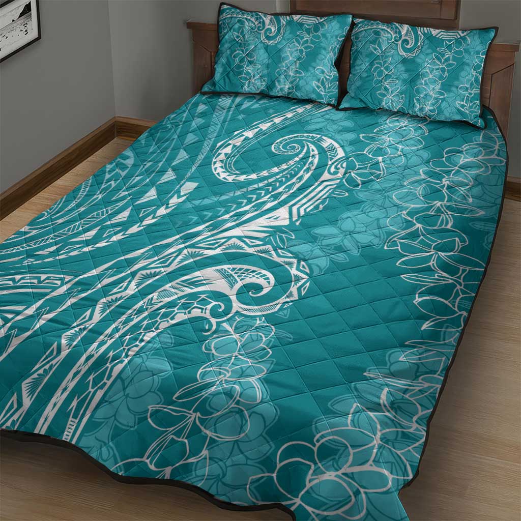 Polynesia Plumeria Lei Quilt Bed Set Teal Curves Motif
