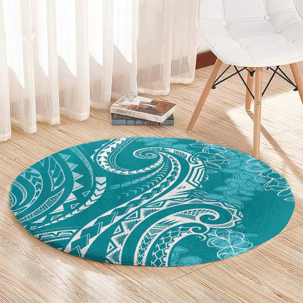 Polynesia Plumeria Lei Round Carpet Teal Curves Motif
