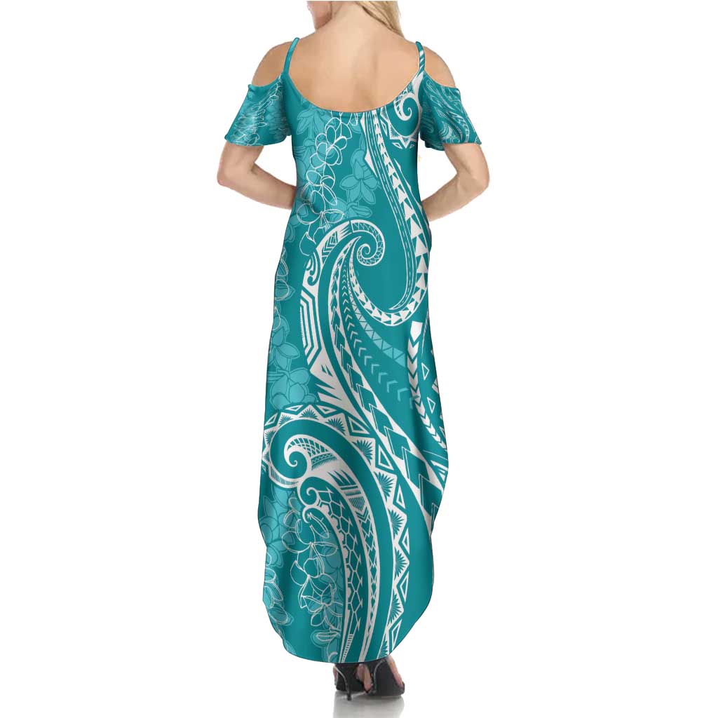 Polynesia Plumeria Lei Summer Maxi Dress Teal Curves Motif