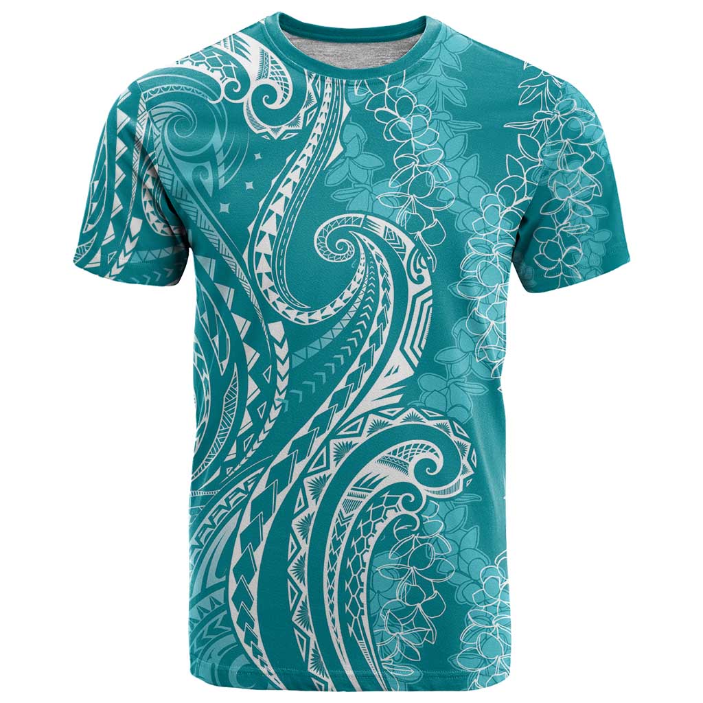 Polynesia Plumeria Lei T Shirt Teal Curves Motif