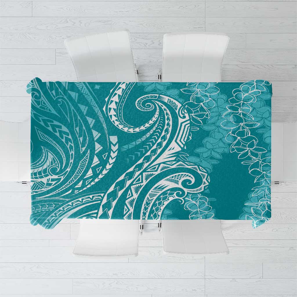Polynesia Plumeria Lei Tablecloth Teal Curves Motif
