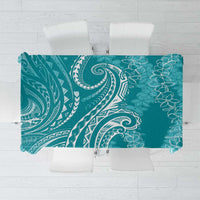 Polynesia Plumeria Lei Tablecloth Teal Curves Motif
