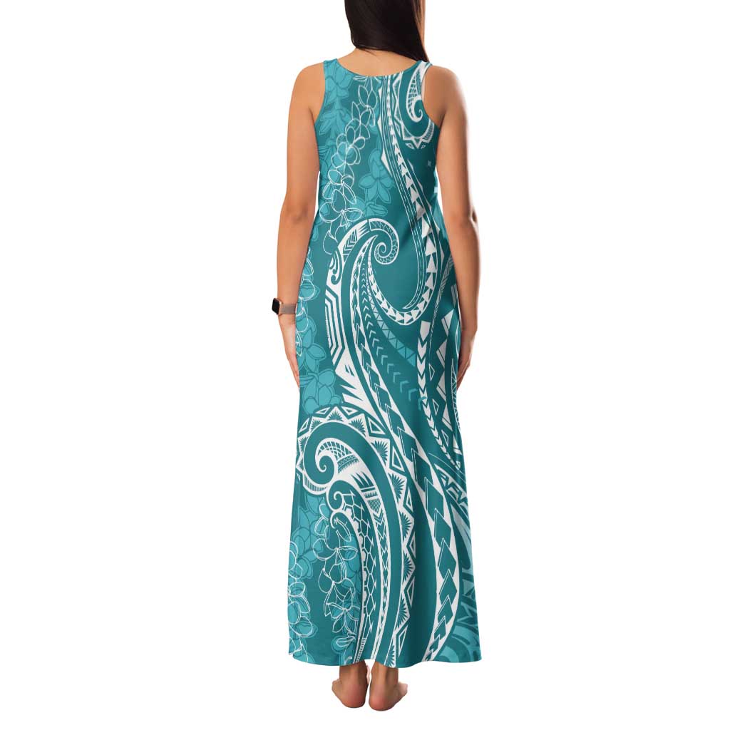 Polynesia Plumeria Lei Tank Maxi Dress Teal Curves Motif