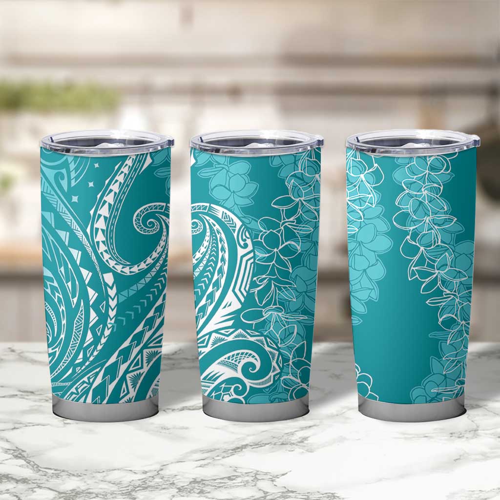 Polynesia Plumeria Lei Tumbler Cup Teal Curves Motif