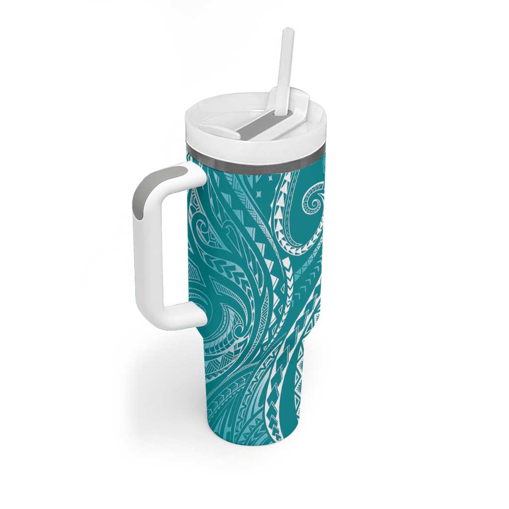 Polynesia Plumeria Lei Tumbler With Handle Teal Curves Motif
