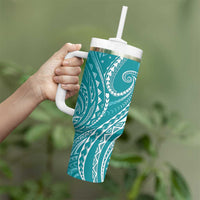Polynesia Plumeria Lei Tumbler With Handle Teal Curves Motif
